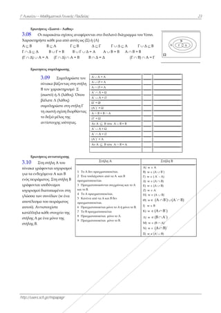 Γ Λυκείου –
http://users.s
Ερωτή
3.08 Ο
Χαρακτηρή
Α  Β
Γ  Δ  Α
(Γ  Δ)  Α
Ερωτη
3.08.1.1.1
Ερωτή
3.10 Σ
πίνακα γρά
για τα ενδε
ενός πειράμ
γράφονται
ισχυρισμοί
γλώσσα τω
αποτέλεσμα
αυτού). Αν
κατάλληλα
στήλης Α μ
στήλης Β.
Μαθηματικά
sch.gr/mipapa
ήσεις «Σωστό
Οι παρακάτω
ήστε κάθε μια
Β  Α
Β  Γ =
Α = Α (Γ 
ησεις συμπληρ
3.09 Συ
πίνακα βάζο
Β τον χαρακ
(σωστό) ή Λ
βάλατε Λ (λ
συμπληρώσ
τη σωστή σχ
το δεξιό μέλ
αντίστοιχης
ήσεις αντιστοί
Στη στήλη Α τ
άφονται ισχυ
εχόμενα Α κα
ματος. Στη σ
ι ισοδύναμοι
ί διατυπωμέν
ν συνόλων (w
α του πειράμ
ντιστοιχίστε
α κάθε στοιχε
με ένα μόνο τ
ά Γενικής Παι
agr
- Λαθος»
ω σχέσεις ανα
α από αυτές
Γ  Β
= Β Β  Γ
 Δ)  Α = Β
ρωσης
υμπληρώστε
οντας στη στ
κτηρισμό Σ
Λ (λάθος). Όπ
λάθος)
στε στη στήλη
χέση διορθών
λος της
ς ισότητας.
ίχισης
του
υρισμοί
αι Β
στήλη Β
ι
νοι στη
w ένα
ματος
είo της
της
1
2
πρ
3
κα
4
5
πρ
6
7
8
9
ιδείας
αφέρονται στ
ως (Σ) ή (Λ)
Δ  Γ
Γ  Δ = Α
Β  Δ =
τον
τήλη
που
η Γ
ντας
Α  Α
Α  
Α  
Α΄  Α
Α΄  Α
Ω΄ = Ω
(Α΄)΄ =
Α  Β
΄ = Ω
Αν Α
Α΄  Α
Α΄  Α
(Α΄)΄ =
Αν Α
Σ
Το Α δεν πραγ
Ένα τουλάχιστ
ραγματοποιείτα
Πραγματοποιο
αι το Β.
Το Α πραγματ
Κανένα από τα
ραγματοποιείτα
Πραγματοποιε
Το Β πραγματο
Πραγματοποιε
Πραγματοποιε
το διπλανό δ
Γ Γ  Δ
Α  Β = Β
= Δ
Α = A
 = Α
 = Α
Α = Ω
Α = 
Ω
= Ω
= Β  Α
Ω
 Β τότε Α 
Α = Ω
Α = 
= Α
 Β τότε Α 
Στήλη Α
γματοποιείται.
τον από τα Α κ
αι.
ούνται συγχρόν
τοποιείται.
α Α και Β δεν
αι.
είται μόνο το Α
οποιείται
είται μόνο το Α
είται μόνο το Β
ιάγραμμα το
Δ  Α Γ
Α  Β = Β
(Γ  Β
Β = Β
Β = Α
αι Β
νως και το Α
ή μόνο το Β.
Α.
Β.
ου Venn.
 Δ  Β
Β
)  Α = Γ
Α) w  A
Β) w  (A 
Γ) w  ( A΄ -
Δ) w  (A 
Ε) w  (A 
Ζ) w  A΄
Η) w  (A 
Θ) w (Α 
Ι) w  Β
Κ) w (Α 
Λ) w (Β 
Μ) w  (B 
Ν) w  (A 
Ξ) w  (A΄
Ω
A Γ
Στήλη Β
 B΄)
- Α)
 Β)
 Β)
 B)΄
Β΄) (Α΄  
Β΄)
Α΄)
 A)΄
B)΄
 Β)
2
B
Γ Δ
Β)
23
 
