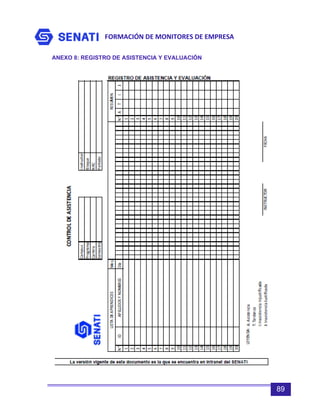 FORMACIÓN DE MONITORES DE EMPRESA
89
ANEXO 8: REGISTRO DE ASISTENCIA Y EVALUACIÓN
 