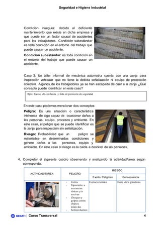 Seguridad e Higiene Industrial
Curso Transversal 4
Condición insegura: debido al deficiente
mantenimiento que existe en dicha empresa y
que puede ser un factor causal de accidentes
para los trabajadores. Condición subestándar
es toda condición en el entorno del trabajo que
puede causar un accidente.
Condición subestándar: es toda condición en
el entorno del trabajo que puede causar un
accidente.
Caso 3: Un taller informal de mecánica automotriz cuenta con una zanja para
inspección vehicular que no tiene la debida señalización ni equipo de protección
colectiva. Algunos de los trabajadores ya se han escapado de caer a la zanja ¿Qué
concepto puede identificar en este caso?
En este caso podemos mencionar dos conceptos:
Peligro: Es una situación o característica
intrínseca de algo capaz de ocasionar daños a
las personas, equipo, procesos y ambiente. En
este caso, el peligro que se puede identificar es
la zanja para inspección sin señalización.
Riesgo: Probabilidad que un peligro se
materialice en determinadas condiciones y
genere daños a las personas, equipo y
ambiente. En este caso el riesgo es la caída a desnivel de las personas.
4. Completar el siguiente cuadro observando y analizando la actividad/tarea según
corresponda.
ACTIVIDAD/TAREA PELIGRO
RIESGO
Evento Peligroso Consecuencia
- Cortes
- Exposición a
sustancias
tóxicas y/o
nocivas
- Choques y
golpes contra
objetos
inmóviles
- Sobreesfuerzos
Contacto termico Cierre de la glandulas
Rpta: Exceso de confianza y falta de protocolo de seguridad
 