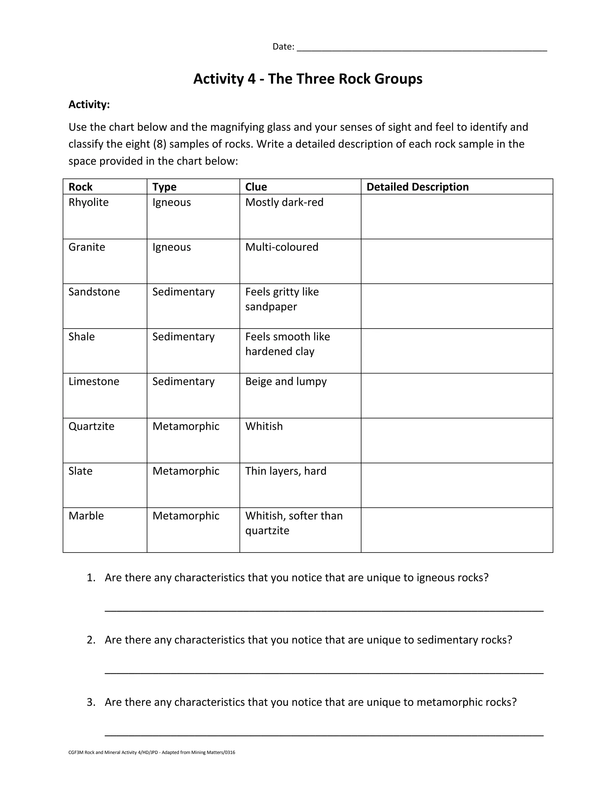 CGF3M Rock and Mineral Activity 4/HD/JPD - Adapted from Mining Matters/0316
Date: __________________________________________________
Activity 4 - The Three Rock Groups
Activity:
Use the chart below and the magnifying glass and your senses of sight and feel to identify and
classify the eight (8) samples of rocks. Write a detailed description of each rock sample in the
space provided in the chart below:
Rock Type Clue Detailed Description
Rhyolite Igneous Mostly dark-red
Granite Igneous Multi-coloured
Sandstone Sedimentary Feels gritty like
sandpaper
Shale Sedimentary Feels smooth like
hardened clay
Limestone Sedimentary Beige and lumpy
Quartzite Metamorphic Whitish
Slate Metamorphic Thin layers, hard
Marble Metamorphic Whitish, softer than
quartzite
1. Are there any characteristics that you notice that are unique to igneous rocks?
_________________________________________________________________________
2. Are there any characteristics that you notice that are unique to sedimentary rocks?
_________________________________________________________________________
3. Are there any characteristics that you notice that are unique to metamorphic rocks?
_________________________________________________________________________
 