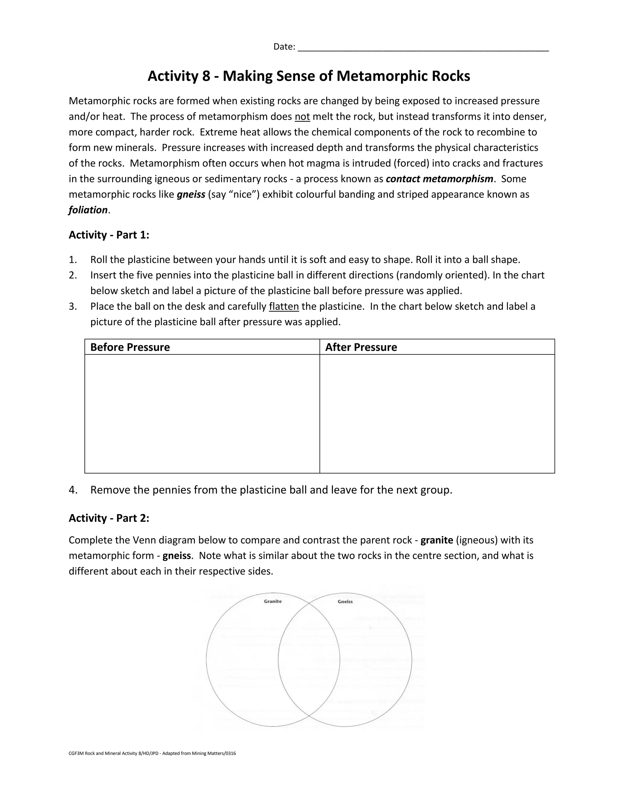 CGF3M Rock and Mineral Activity 8/HD/JPD - Adapted from Mining Matters/0316
Date: __________________________________________________
Activity 8 - Making Sense of Metamorphic Rocks
Metamorphic rocks are formed when existing rocks are changed by being exposed to increased pressure
and/or heat. The process of metamorphism does not melt the rock, but instead transforms it into denser,
more compact, harder rock. Extreme heat allows the chemical components of the rock to recombine to
form new minerals. Pressure increases with increased depth and transforms the physical characteristics
of the rocks. Metamorphism often occurs when hot magma is intruded (forced) into cracks and fractures
in the surrounding igneous or sedimentary rocks - a process known as contact metamorphism. Some
metamorphic rocks like gneiss (say “nice”) exhibit colourful banding and striped appearance known as
foliation.
Activity - Part 1:
1. Roll the plasticine between your hands until it is soft and easy to shape. Roll it into a ball shape.
2. Insert the five pennies into the plasticine ball in different directions (randomly oriented). In the chart
below sketch and label a picture of the plasticine ball before pressure was applied.
3. Place the ball on the desk and carefully flatten the plasticine. In the chart below sketch and label a
picture of the plasticine ball after pressure was applied.
Before Pressure After Pressure
4. Remove the pennies from the plasticine ball and leave for the next group.
Activity - Part 2:
Complete the Venn diagram below to compare and contrast the parent rock - granite (igneous) with its
metamorphic form - gneiss. Note what is similar about the two rocks in the centre section, and what is
different about each in their respective sides.
 