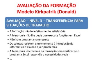 AVALIAÇÃO DA FORMAÇÃO
Modelo Kirkpatrik (Donald)
AVALIAÇÃO – NÍVEL 3 – TRANSFERÊNCIA PARA
SITUAÇÕES DE TRABALHO
• A formação não foi efetivamente satisfatória
• A hierarquia não lhe pede que execute funções em Excel
• Não há o programa na empresa
• Os colegas resistem enormemente à introdução da
informática e ela não quer problemas
• A hierarquia inscreveu-a na formação sem verificar se o
programa Excel respondia a necessidades reais
• …
 