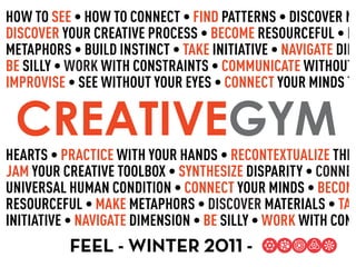 HOW TO SEE


BE



 CREATIVEGYM
                            R


                                TA
                       BE
         FEEL - WINTER 2011 -
 