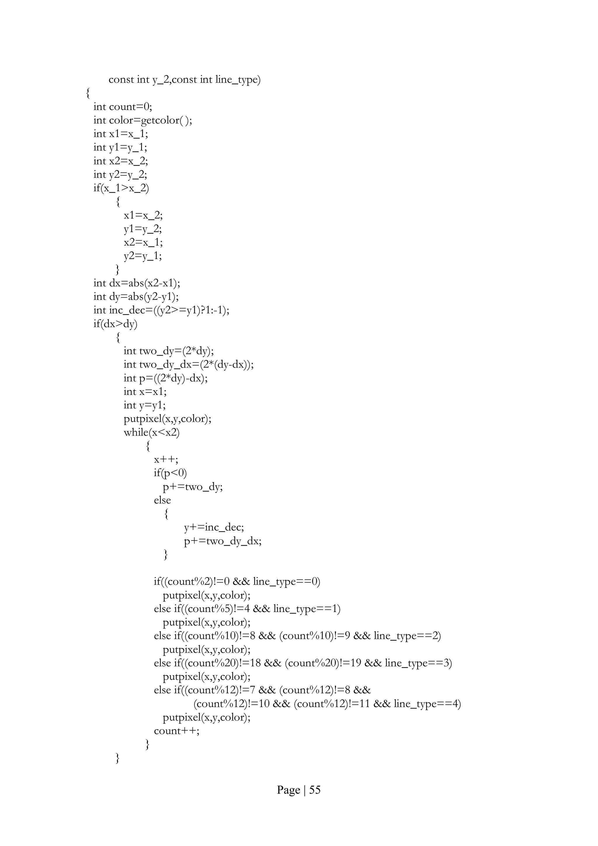 Page | 55
const int y_2,const int line_type)
{
int count=0;
int color=getcolor( );
int x1=x_1;
int y1=y_1;
int x2=x_2;
int y2=y_2;
if(x_1>x_2)
{
x1=x_2;
y1=y_2;
x2=x_1;
y2=y_1;
}
int dx=abs(x2-x1);
int dy=abs(y2-y1);
int inc_dec=((y2>=y1)?1:-1);
if(dx>dy)
{
int two_dy=(2*dy);
int two_dy_dx=(2*(dy-dx));
int p=((2*dy)-dx);
int x=x1;
int y=y1;
putpixel(x,y,color);
while(x<x2)
{
x++;
if(p<0)
p+=two_dy;
else
{
y+=inc_dec;
p+=two_dy_dx;
}
if((count%2)!=0 && line_type==0)
putpixel(x,y,color);
else if((count%5)!=4 && line_type==1)
putpixel(x,y,color);
else if((count%10)!=8 && (count%10)!=9 && line_type==2)
putpixel(x,y,color);
else if((count%20)!=18 && (count%20)!=19 && line_type==3)
putpixel(x,y,color);
else if((count%12)!=7 && (count%12)!=8 &&
(count%12)!=10 && (count%12)!=11 && line_type==4)
putpixel(x,y,color);
count++;
}
}
 