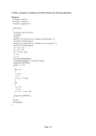 Page | 18
6. Write a program to implement the Bresenhams line drawing algorithm.
Program:
# include <stdio.h>
# include <conio.h>
# include <graphics.h>
void main()
{
int dx,dy,x,y,p,x1,y1,x2,y2;
int gd,gm;
clrscr();
printf("nntEnter the co-ordinates of first point : ");
scanf("%d %d",&x1,&y1);
printf("nntEnter the co-ordinates of second point : ");
scanf("%d %d",&x2,&y2);
dx = (x2 - x1);
dy = (y2 - y1);
p = 2 * (dy) - (dx);
x = x1;
y = y1;
detectgraph(&gd,&gm);
initgraph(&gd,&gm,"c:turboc3bgi");
putpixel(x,y,WHITE);
while(x <= x2)
{
if(p < 0)
{
x=x+1;
y=y;
p = p + 2 * (dy);
}
else
{
x=x+1;
y=y+1;
p = p + 2 * (dy - dx);
}
putpixel(x,y,WHITE);
}
getch();
closegraph();
}
 