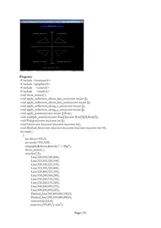 Page | 51
Program:
# include <iostream.h>
# include <graphics.h>
# include <conio.h>
# include <math.h>
void show_screen( );
void apply_reflection_about_line_yex(const int,int []);
void apply_reflection_about_line_yemx(const int,int []);
void apply_reflection_along_x_axis(const int,int []);
void apply_reflection_along_y_axis(const int,int []);
void apply_rotation(const int,int [],float);
void multiply_matrices(const float[3],const float[3][3],float[3]);
void Polygon(const int,const int []);
void Line(const int,const int,const int,const int);
void Dashed_line(const int,const int,const int,const int,const int=0);
int main( )
{
int driver=VGA;
int mode=VGAHI;
initgraph(&driver,&mode,"..Bgi");
show_screen( );
setcolor(15);
Line(320,100,320,400);
Line(315,105,320,100);
Line(320,100,325,105);
Line(315,395,320,400);
Line(320,400,325,395);
Line(150,240,500,240);
Line(150,240,155,235);
Line(150,240,155,245);
Line(500,240,495,235);
Line(500,240,495,245);
Dashed_line(160,400,460,100,0);
Dashed_line(180,100,480,400,0);
settextstyle(2,0,4);
outtextxy(305,85,"y-axis");
 