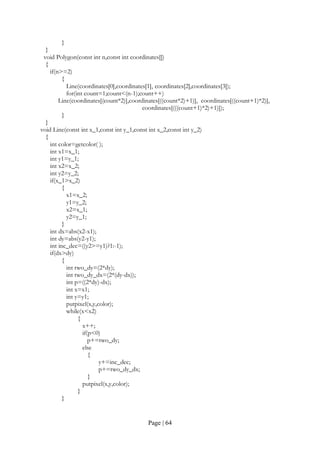Page | 64
}
}
void Polygon(const int n,const int coordinates[])
{
if(n>=2)
{
Line(coordinates[0],coordinates[1], coordinates[2],coordinates[3]);
for(int count=1;count<(n-1);count++)
Line(coordinates[(count*2)],coordinates[((count*2)+1)], coordinates[((count+1)*2)],
coordinates[(((count+1)*2)+1)]);
}
}
void Line(const int x_1,const int y_1,const int x_2,const int y_2)
{
int color=getcolor( );
int x1=x_1;
int y1=y_1;
int x2=x_2;
int y2=y_2;
if(x_1>x_2)
{
x1=x_2;
y1=y_2;
x2=x_1;
y2=y_1;
}
int dx=abs(x2-x1);
int dy=abs(y2-y1);
int inc_dec=((y2>=y1)?1:-1);
if(dx>dy)
{
int two_dy=(2*dy);
int two_dy_dx=(2*(dy-dx));
int p=((2*dy)-dx);
int x=x1;
int y=y1;
putpixel(x,y,color);
while(x<x2)
{
x++;
if(p<0)
p+=two_dy;
else
{
y+=inc_dec;
p+=two_dy_dx;
}
putpixel(x,y,color);
}
}
 