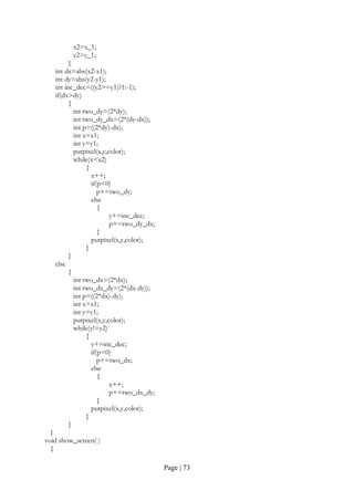 Page | 73
x2=x_1;
y2=y_1;
}
int dx=abs(x2-x1);
int dy=abs(y2-y1);
int inc_dec=((y2>=y1)?1:-1);
if(dx>dy)
{
int two_dy=(2*dy);
int two_dy_dx=(2*(dy-dx));
int p=((2*dy)-dx);
int x=x1;
int y=y1;
putpixel(x,y,color);
while(x<x2)
{
x++;
if(p<0)
p+=two_dy;
else
{
y+=inc_dec;
p+=two_dy_dx;
}
putpixel(x,y,color);
}
}
else
{
int two_dx=(2*dx);
int two_dx_dy=(2*(dx-dy));
int p=((2*dx)-dy);
int x=x1;
int y=y1;
putpixel(x,y,color);
while(y!=y2)
{
y+=inc_dec;
if(p<0)
p+=two_dx;
else
{
x++;
p+=two_dx_dy;
}
putpixel(x,y,color);
}
}
}
void show_screen( )
{
 