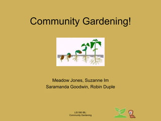LIS 590 IBL:Community Gardening Community Gardening! Meadow Jones, Suzanne Im Saramanda Goodwin, Robin Duple 