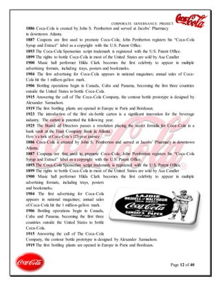 CORPORATE GOVERNANCE PROJECT
Page 12 of 40
1886 Coca-Cola is created by John S. Pemberton and served at Jacobs’ Pharmacy
in downtown Atlanta.
1887 Coupons are first used to promote Coca-Cola; John Pemberton registers his “Coca-Cola
Syrup and Extract” label as a copyright with the U.S. Patent Office.
1893 The Coca-Cola Spenserian script trademark is registered with the U.S. Patent Office.
1899 The rights to bottle Coca-Cola in most of the United States are sold by Asa Candler
1900 Music hall performer Hilda Clark becomes the first celebrity to appear in multiple
advertising formats, including trays, posters and bookmarks.
1904 The first advertising for Coca-Cola appears in national magazines; annual sales of Coca-
Cola hit the 1 million-gallon mark.
1906 Bottling operations begin in Canada, Cuba and Panama, becoming the first three countries
outside the United States to bottle Coca-Cola.
1915 Answering the call of The Coca-Cola Company, the contour bottle prototype is designed by
Alexander Samuelson.
1919 The first bottling plants are opened in Europe in Paris and Bordeaux.
1923 The introduction of the first six-bottle carton is a significant innovation for the beverage
industry. The carton is patented the following year.
1925 The Board of Directors passes a resolution placing the secret formula for Coca-Cola in a
bank vault at the Trust Company Bank in Atlanta.
Here’s a look at Coca-Cola’s 125-year journey …
1886 Coca-Cola is created by John S. Pemberton and served at Jacobs’ Pharmacy in downtown
Atlanta.
1887 Coupons are first used to promote Coca-Cola; John Pemberton registers his “Coca-Cola
Syrup and Extract” label as a copyright with the U.S. Patent Office.
1893 The Coca-Cola Spenserian script trademark is registered with the U.S. Patent Office.
1899 The rights to bottle Coca-Cola in most of the United States are sold by Asa Candler
1900 Music hall performer Hilda Clark becomes the first celebrity to appear in multiple
advertising formats, including trays, posters
and bookmarks.
1904 The first advertising for Coca-Cola
appears in national magazines; annual sales
of Coca-Cola hit the 1 million-gallon mark.
1906 Bottling operations begin in Canada,
Cuba and Panama, becoming the first three
countries outside the United States to bottle
Coca-Cola.
1915 Answering the call of The Coca-Cola
Company, the contour bottle prototype is designed by Alexander Samuelson.
1919 The first bottling plants are opened in Europe in Paris and Bordeaux.
 