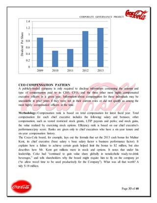 CORPORATE GOVERNANCE PROJECT
Page 33 of 40
CEO COMPENSATION PATTERN
A publicly-traded company is only required to disclose information concerning the amount and
type of compensation paid to its CEO, CFO, and the three other most highly compensated
executive officers in a given year. Information about compensation for these individuals may be
unavailable in prior years if they were not in their current roles or did not qualify as among the
most highly compensated officers at the time.
Methodology: Compensation rank is based on total compensation for latest fiscal year. Total
compensation for each chief executive includes the following: salary and bonuses; other
compensation, such as vested restricted stock grants, LTIP payouts and perks; and stock gains,
the value realized by exercising stock options. Efficiency rank is based on our chief executive's
performance/pay score. Ranks are given only to chief executives who have a six-year tenure and
six-year compensation history.
The Coca-Cola board, for example, lays out the formula that set the 2013 cash bonus for Muhtar
Kent, its chief executive (base salary x base salary factor x business performance factor). It
explains how a failure to achieve certain goals helped limit the bonus to $2 million, but also
describes how Mr. Kent got millions more in stock and options. It notes that under his
leadership, Coke had “continued to gain value share globally in nonalcoholic ready-to-drink
beverages,” and tells shareholders why the board might require him to fly on the company jet
(“to allow travel time to be used productively for the Company”). What was all that worth? A
tidy $ 18 million.
0
0.2
0.4
0.6
0.8
1
1.2
1.4
2009 2010 2011 2012 2013
DividendPerShare
 