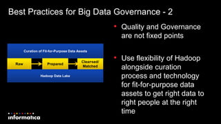 • Quality and Governance
are not fixed points
• Use flexibility of Hadoop
alongside curation
process and technology
for fit-for-purpose data
assets to get right data to
right people at the right
time
Best Practices for Big Data Governance - 2
Curation of Fit-for-Purpose Data Assets
Raw Prepared
Cleansed/
Matched
Hadoop Data Lake
 