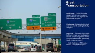 3
Great
Transportation
▪ Aspiration: Florida Turnpike
sought to improve emergency
preparedness and improve the
prepaid toll program
▪ Challenge: Data collection took
over one month leading to faulty
analytics
▪ Outcome: “Timely and accurate
traffic, revenue, and participation
reports help management make
good choices that will eventually
result in saving money.”
▪ — Bob Hartmann, IT Director,
Florida Turnpike Enterprise
 