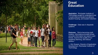 3
Great
Education
▪ Aspiration: Rochester Institute of
Technology sought to understand how
it could improve student enrollment,
student housing, and student retention
▪ Challenge: Data was in disparate
systems
▪ Outcome: “We're becoming myth
busters. Informatica provides timely,
accurate information we need to spot
trends, improve the quality of our
academic learning, and reduce
attrition.”
▪ — Kim Sowers, Director of Application
Development, Rochester Institute of
Technology
 