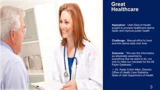 3
Great
Healthcare
▪ Aspiration: Utah Dept of Health
sought to process healthcare claims
faster and improve public health
▪ Challenge: Manual effort to track
and link claims data over time
▪ Outcome: “We see the Informatica
as absolutely essential to
everything that we want to do, not
only to meet our mandate for the All
Payer Database,”
▪ — Dr. Keely Cofrin Allen, Director,
Office of Health Care Statistics,
State of Utah Department of Health
 