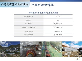 11
甲玛矿运营情况
2019年第二季度甲玛矿基本生产数据
平均铜矿石品位 0.62%
铜回收率 81%
露天供矿量 33,000吨/日
井下供矿量(一期和二期) 17,000吨/日
一期选厂处理量 7,000 吨/日
二期选厂处理量 43,000 吨/日
公司现有资产及前景(续)
 