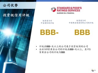 18
标准普尔对
中金国际的评级
标准普尔对
中国黄金集团有限公司的评级
BBB- BBB
投资级信用评级
公司优势
• 评级在BBB-及以上的公司属于投资级别的公司
• 全球仅9家黄金公司的评级在BBB-及以上，其中5
家黄金公司的评级为BBB
 