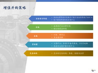 24
• 成熟的矿业法律环境
• 稳定的政治环境
• 大型矿山：3-5百万盎司黄金，1百万吨铜
• 存在巨大探矿潜力的矿山
• 处在运营阶段并有提升产能计划或即将投产的矿山
• 处于建设阶段的高品质矿山
• 以金、铜为主
• 多金属并举
• 灵活的交易结构：参股、控股及合资
区域
资源量
交易结构
金属
目标项目阶段
增值并购策略
 
