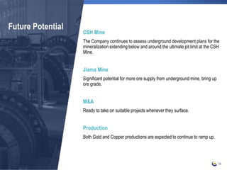 Future Potential
CSH Mine
The Company continues to assess underground development plans for the
mineralization extending below and around the ultimate pit limit at the CSH
Mine.
Jiama Mine
Significant potential for more ore supply from underground mine, bring up
ore grade.
M&A
Ready to take on suitable projects whenever they surface.
Production
Both Gold and Copper productions are expected to continue to ramp up.
14
 