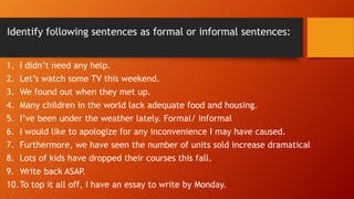 Identify following sentences as formal or informal sentences:
1. I didn’t need any help.
2. Let’s watch some TV this weekend.
3. We found out when they met up.
4. Many children in the world lack adequate food and housing.
5. I’ve been under the weather lately. Formal/ informal
6. I would like to apologize for any inconvenience I may have caused.
7. Furthermore, we have seen the number of units sold increase dramatical
8. Lots of kids have dropped their courses this fall.
9. Write back ASAP.
10.To top it all off, I have an essay to write by Monday.
 