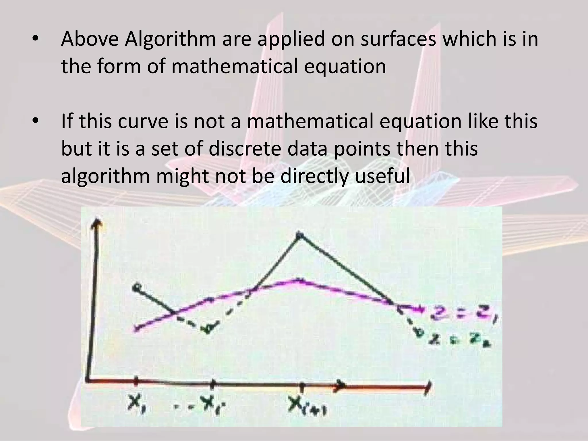 • Above Algorithm are applied on surfaces which is in
the form of mathematical equation
• If this curve is not a mathematical equation like this
but it is a set of discrete data points then this
algorithm might not be directly useful
 