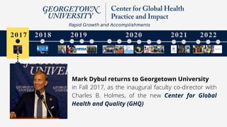 Mark Dybul returns to Georgetown University
in Fall 2017, as the inaugural faculty co-director with
Charles B. Holmes, of the new Center for Global
Health and Quality (GHQ)
2019
Rapid Growth and Accomplishments
2021
2017 2020 2022
2018
 