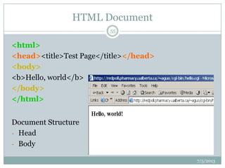 HTML Document
<html>
<head><title>Test Page</title></head>
<body>
<b>Hello, world</b>
</body>
</html>
Document Structure
- Head
- Body
7/5/2013
55
 