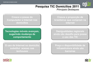 Pesquisa TIC Domicílios 2011
                                       Principais Destaques


    Cresce a posse do                   Cresce a proporção de
 Computador e Internet nos            brasileiros que compram na
        domicílios                               Internet


Tecnologias móveis avançam,            Desigualdades regionais
   sugerindo mudança de              ainda são desafio para posse
      comportamento                          e uso das TIC


O uso da Internet no domicílio        Preço e disponibilidade de
    substitui acesso nas               infraestrutura ainda são
          lanhouses                            barreiras


                                                  A evolução da Internet no Brasil
                                                 26 de março de 2009 – São Paulo
 