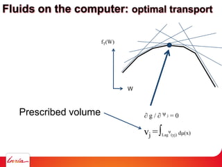 W
fT(W)
vj =∫Lag
ψ
(yj) dμ(x)
∂ g / ∂ ψ j = 0
Fluids on the computer: optimal transport
Prescribed volume
 