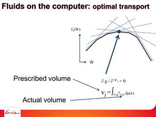 W
fT(W)
vj =∫Lag
ψ
(yj) dμ(x)
∂ g / ∂ ψ j = 0
Fluids on the computer: optimal transport
Prescribed volume
Actual volume
 