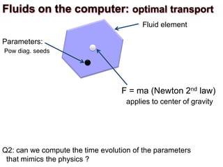 Fluid element
Q2: can we compute the time evolution of the parameters
that mimics the physics ?
Parameters:
Pow diag. seeds
Fluids on the computer: optimal transport
F = ma (Newton 2nd law)
applies to center of gravity
 