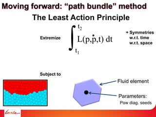Moving forward: “path bundle” method
∫t1
t2
L(p,p,t) dt
The Least Action Principle
Extremize
+ Symmetries
w.r.t. time
w.r.t. space
Subject to
Fluid element
Parameters:
Pow diag. seeds
 