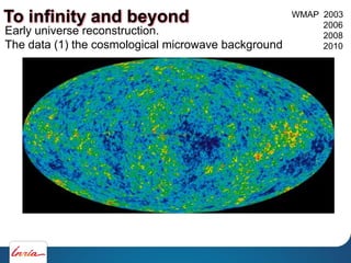 WMAP 2003
2006
2008
2010
Early universe reconstruction.
The data (1) the cosmological microwave background
To infinity and beyond
 