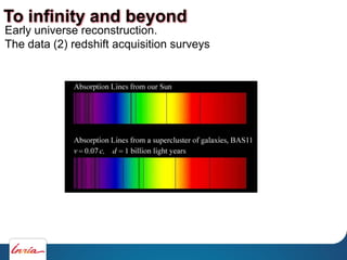 Early universe reconstruction.
The data (2) redshift acquisition surveys
To infinity and beyond
 