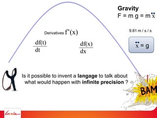 Gravity
F = m g = m x
9.81 m / s / s
x = g
Is it possible to invent a langage to talk about
what would happen with infinite precision ?
Derivatives f’(x)
df(t)
dt
df(x)
dx
 
