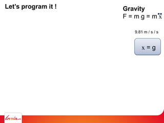 Gravity
F = m g = m x
9.81 m / s / s
x = g
Let’s program it !
 