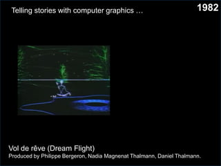 1982
Vol de rêve (Dream Flight)
Produced by Philippe Bergeron, Nadia Magnenat Thalmann, Daniel Thalmann.
Telling stories with computer graphics …
 