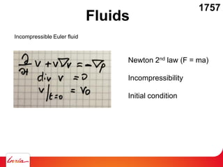 Fluids
Newton 2nd law (F = ma)
Incompressibility
Initial condition
Incompressible Euler fluid
1757
 