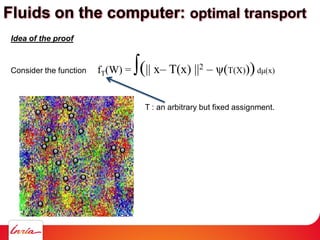 Idea of the proof
Consider the function fT(W) = ∫(|| x– T(x) ||2 – ψ(T(X)))dμ(x)
T : an arbitrary but fixed assignment.
Fluids on the computer: optimal transport
 