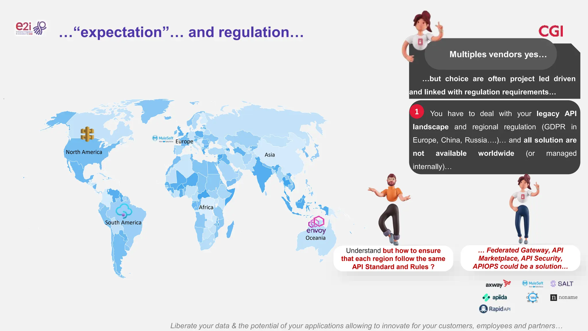 Liberate your data & the potential of your applications allowing to innovate for your customers, employees and partners…
…“expectation”… and regulation…
North America
Africa
Oceania
Asia
Europe
South America
You have to deal with your legacy API
landscape and regional regulation (GDPR in
Europe, China, Russia….)… and all solution are
not available worldwide (or managed
internally)…
1
…but choice are often project led driven
and linked with regulation requirements…
Multiples vendors yes…
Understand but how to ensure
that each region follow the same
API Standard and Rules ?
… Federated Gateway, API
Marketplace, API Security,
APIOPS could be a solution…
 
