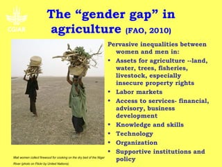 The “gender gap” in
                         agriculture (FAO, 2010)
                                                                      Pervasive inequalities between
                                                                        women and men in:
                                                                      • Assets for agriculture --land,
                                                                        water, trees, fisheries,
                                                                        livestock, especially
                                                                        insecure property rights
                                                                      • Labor markets
                                                                      • Access to services- financial,
                                                                        advisory, business
                                                                        development
                                                                      • Knowledge and skills
                                                                      • Technology
                                                                      • Organization
                                                                      • Supportive institutions and
Mali women collect firewood for cooking on the dry bed of the Niger
                                                                        policy
River (photo on Flickr by United Nations).
 