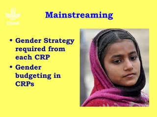 Mainstreaming

• Gender Strategy
  required from
  each CRP
• Gender
  budgeting in
  CRPs
 