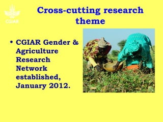 Cross-cutting research
              theme

• CGIAR Gender &
  Agriculture
  Research
  Network
  established,
  January 2012.
 