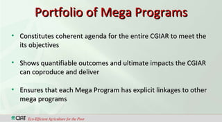 Portfolio of Mega Programs <ul><li>Constitutes coherent agenda for the entire CGIAR to meet the its objectives </li></ul><...