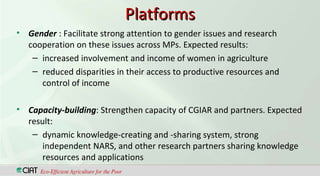 Platforms <ul><li>Gender   : Facilitate strong attention to gender issues and research cooperation on these issues across ...