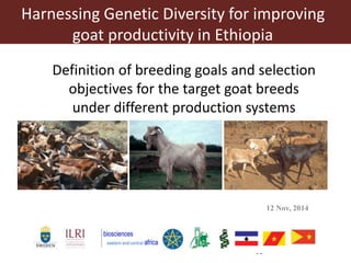 Harnessing Genetic Diversity for improving 
goat productivity in Ethiopia 
Definition of breeding goals and selection 
objectives for the target goat breeds 
under different production systems 
15 
12 Nov, 2014 
 