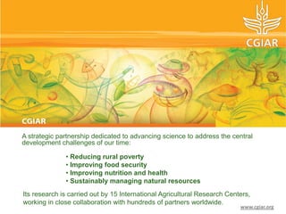 A strategic partnership dedicated to advancing science to address the central
development challenges of our time:

              • Reducing rural poverty
              • Improving food security
              • Improving nutrition and health
              • Sustainably managing natural resources
Its research is carried out by 15 International Agricultural Research Centers,
working in close collaboration with hundreds of partners worldwide.
                                                                          www.cgiar.org
 