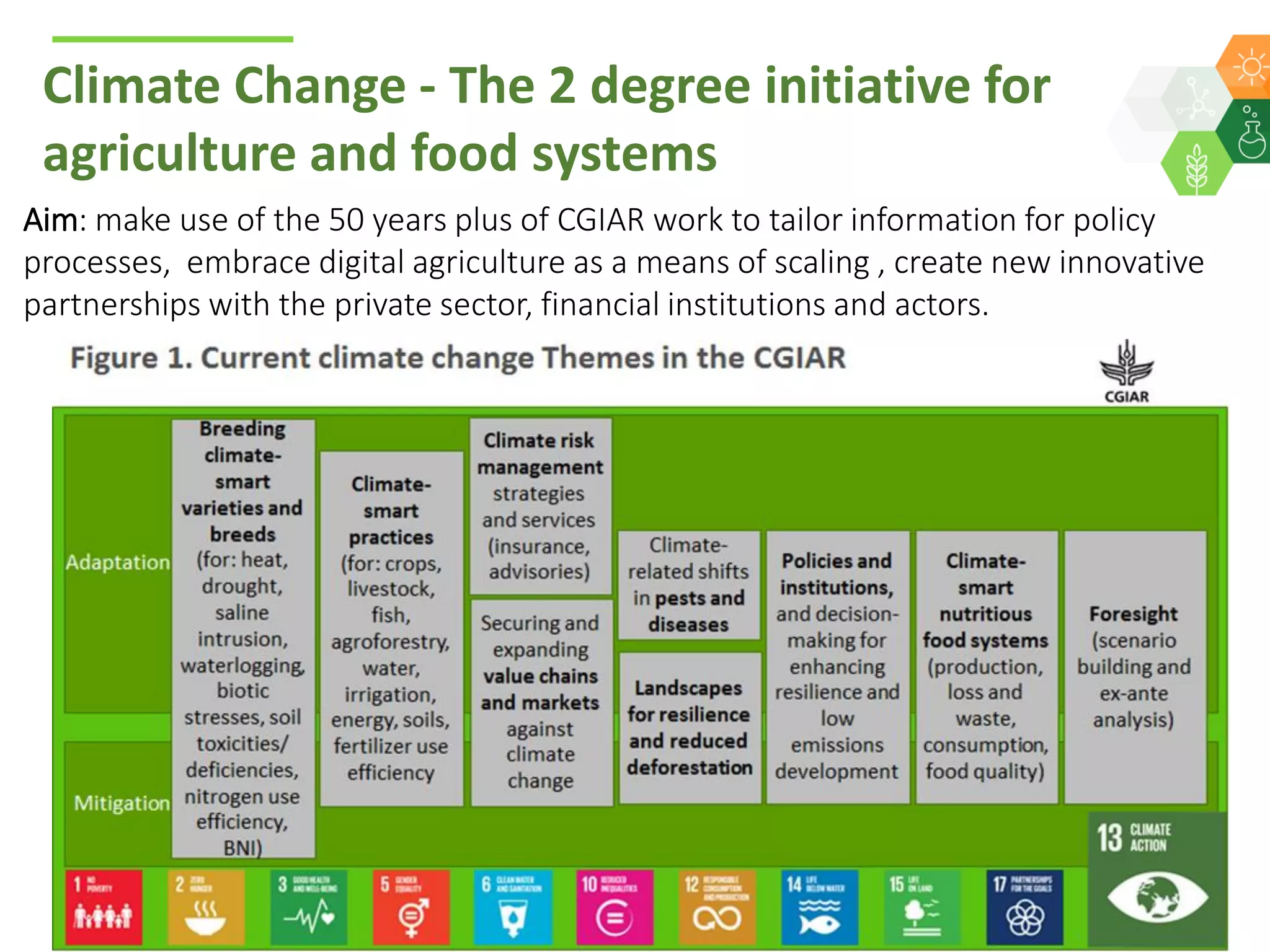 Climate Change - The 2 degree initiative for
agriculture and food systems
Aim: make use of the 50 years plus of CGIAR work to tailor information for policy
processes, embrace digital agriculture as a means of scaling , create new innovative
partnerships with the private sector, financial institutions and actors.
 