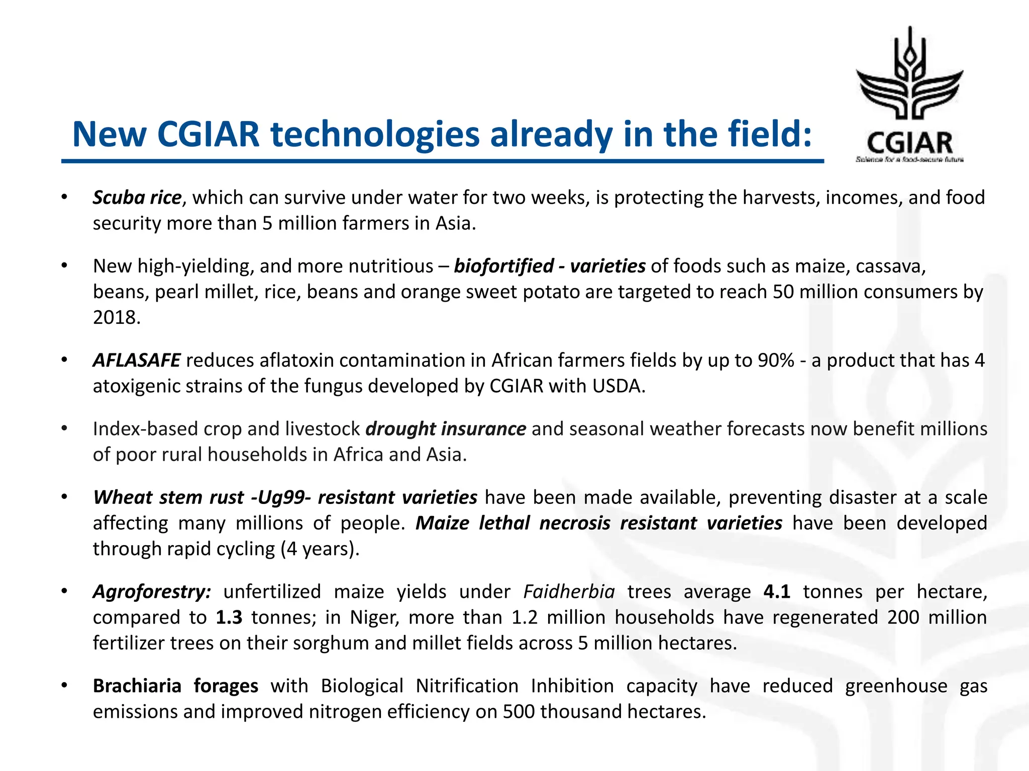 New CGIAR technologies already in the field:
• Scuba rice, which can survive under water for two weeks, is protecting the harvests, incomes, and food
security more than 5 million farmers in Asia.
• New high-yielding, and more nutritious – biofortified - varieties of foods such as maize, cassava,
beans, pearl millet, rice, beans and orange sweet potato are targeted to reach 50 million consumers by
2018.
• AFLASAFE reduces aflatoxin contamination in African farmers fields by up to 90% - a product that has 4
atoxigenic strains of the fungus developed by CGIAR with USDA.
• Index-based crop and livestock drought insurance and seasonal weather forecasts now benefit millions
of poor rural households in Africa and Asia.
• Wheat stem rust -Ug99- resistant varieties have been made available, preventing disaster at a scale
affecting many millions of people. Maize lethal necrosis resistant varieties have been developed
through rapid cycling (4 years).
• Agroforestry: unfertilized maize yields under Faidherbia trees average 4.1 tonnes per hectare,
compared to 1.3 tonnes; in Niger, more than 1.2 million households have regenerated 200 million
fertilizer trees on their sorghum and millet fields across 5 million hectares.
• Brachiaria forages with Biological Nitrification Inhibition capacity have reduced greenhouse gas
emissions and improved nitrogen efficiency on 500 thousand hectares.
 