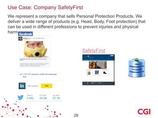 Use Case: Company SafetyFirst
We represent a company that sells Personal Protection Products. We
deliver a wide range of products (e.g. Head, Body, Foot protection) that
can be used in different professions to prevent injuries and physical
harm.

SafetyFirst

29

 